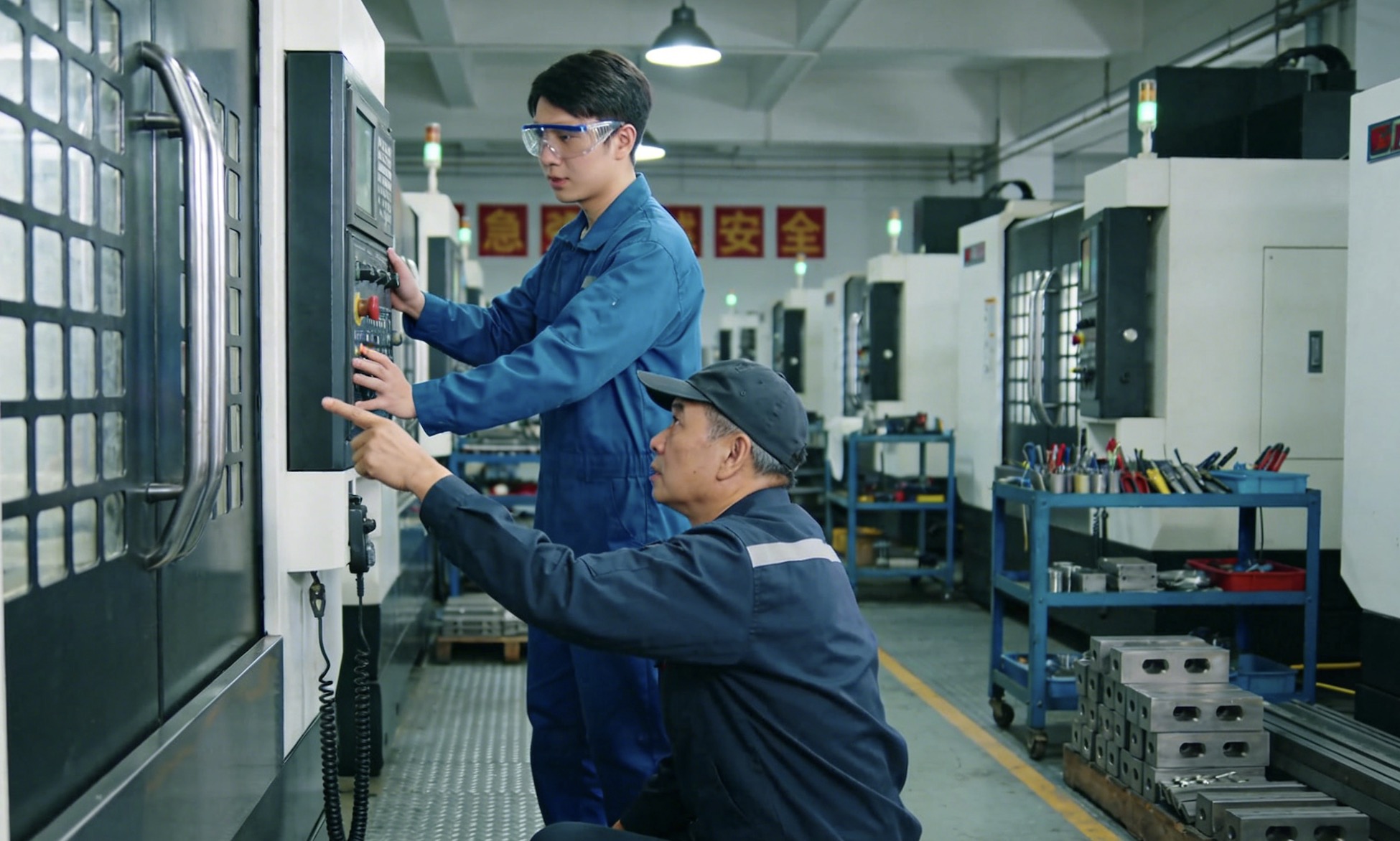 A CNC machinist operating a complex multi-axis machine
